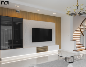 drewniane zabudowy w nowoczesnym wnętrzu