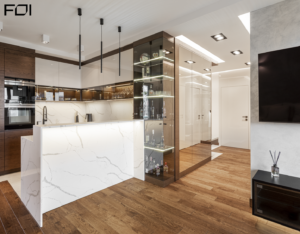 nowoczesny aneks kuchenny w luksusowym apartamencie w Warszawie