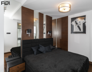 elegancka sypialnia w luksusowym apartamencie w Warszawie